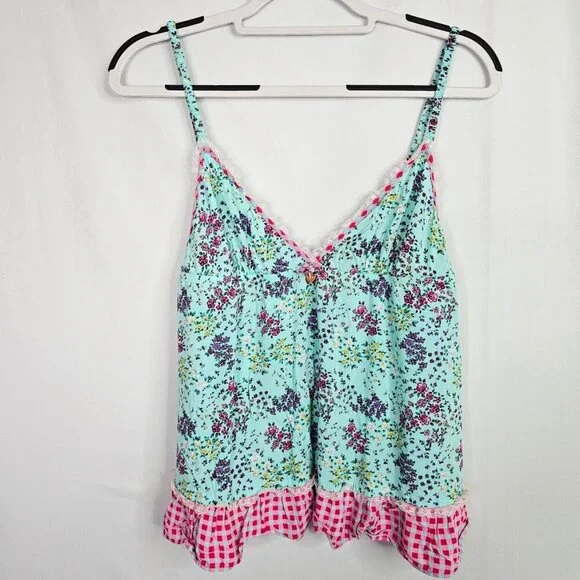 JUICY COUTURE Cami Tank Top size L  AQUA GREEN PINK PURPLE Floral Sleep Pajama - Picture 2 of 9